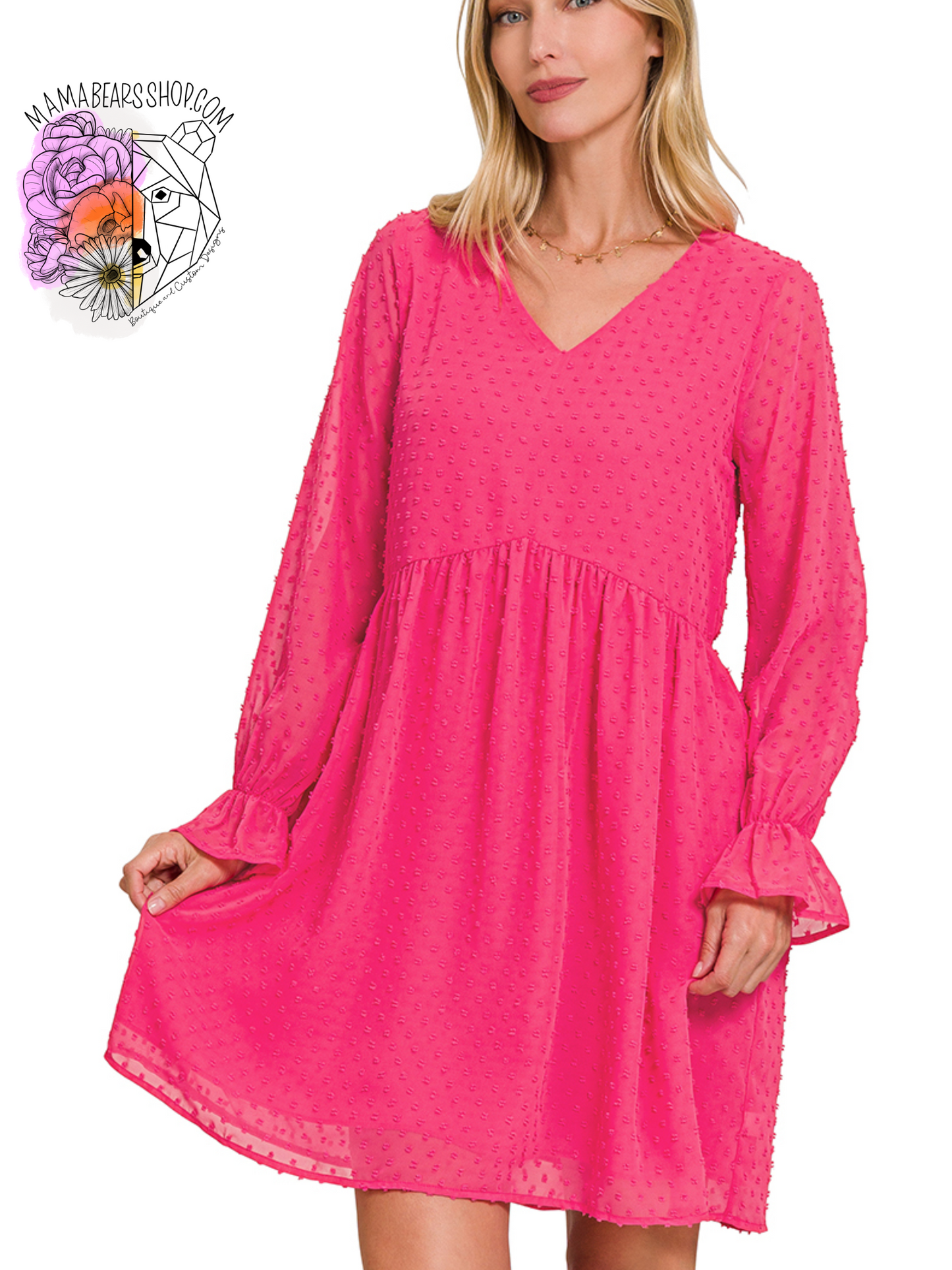 😯Swiss dot long sleeve v-neck dress