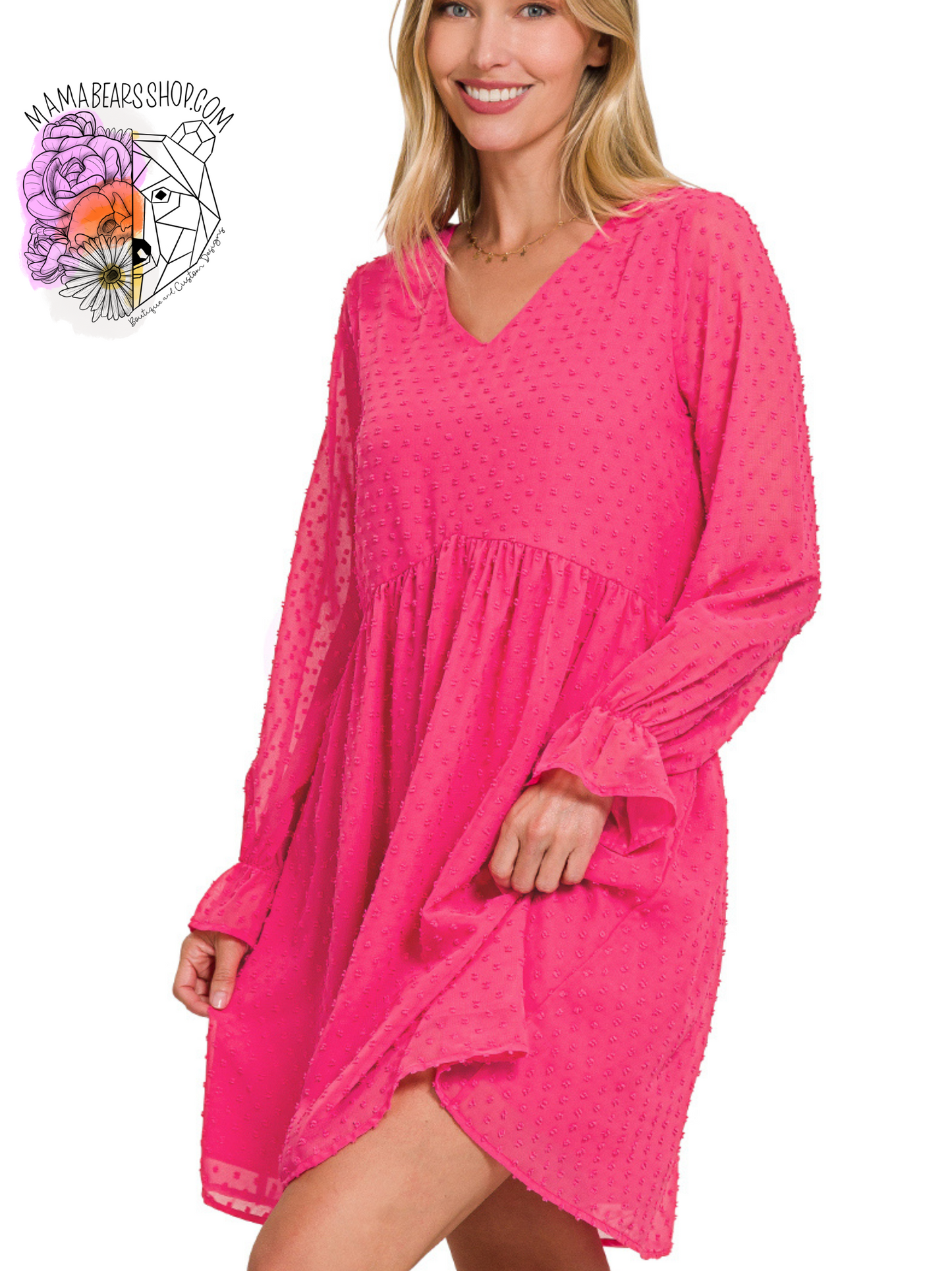 😯Swiss dot long sleeve v-neck dress