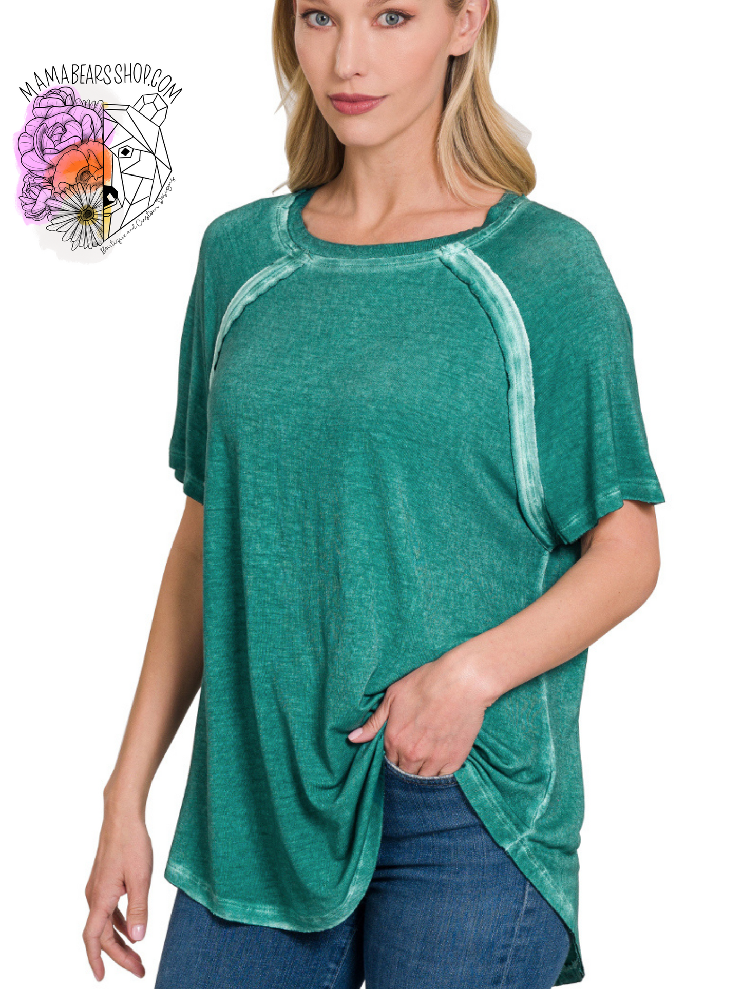 Washed short sleeve boat-neck top w hi-low hem