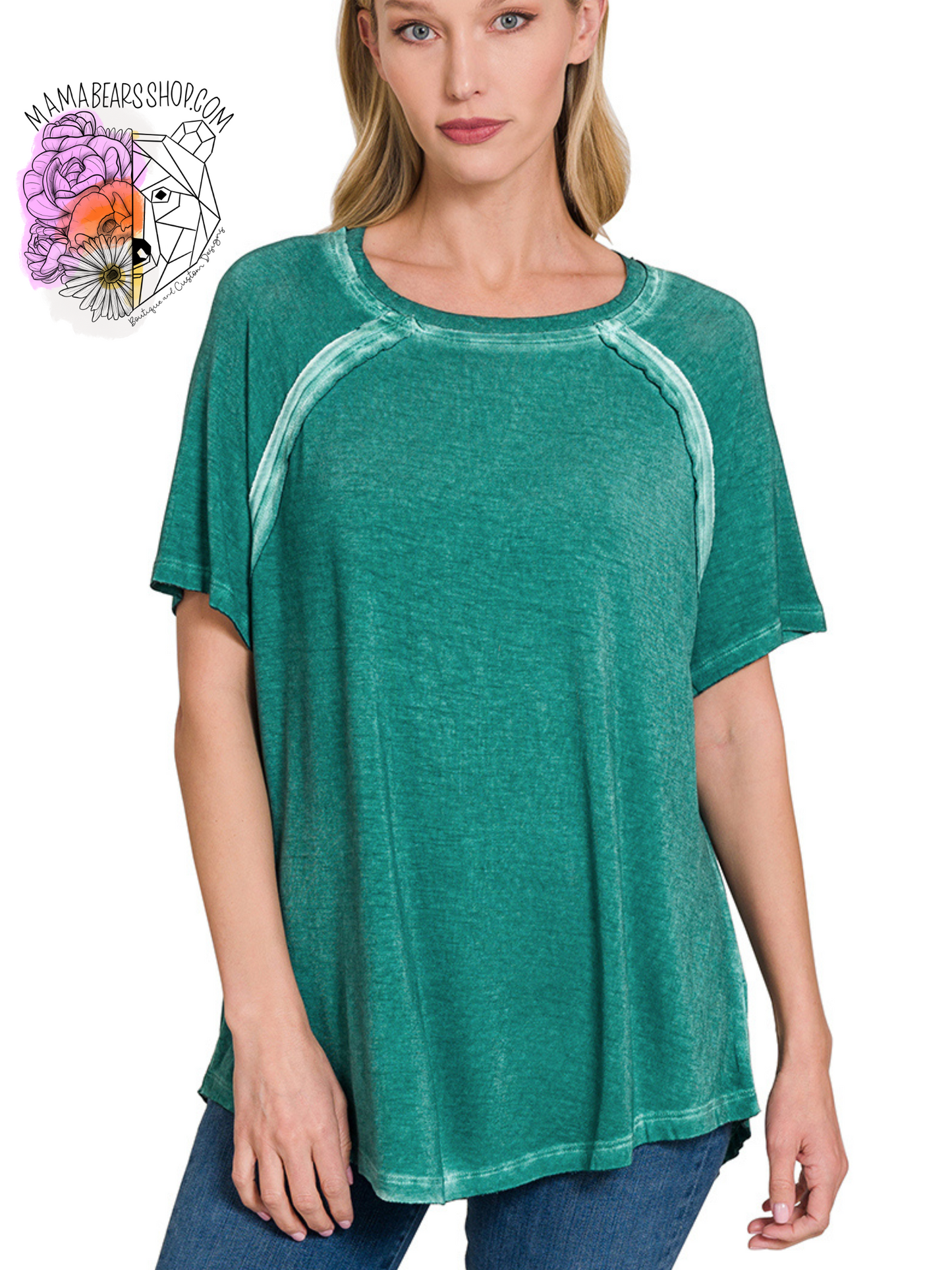 Washed short sleeve boat-neck top w hi-low hem