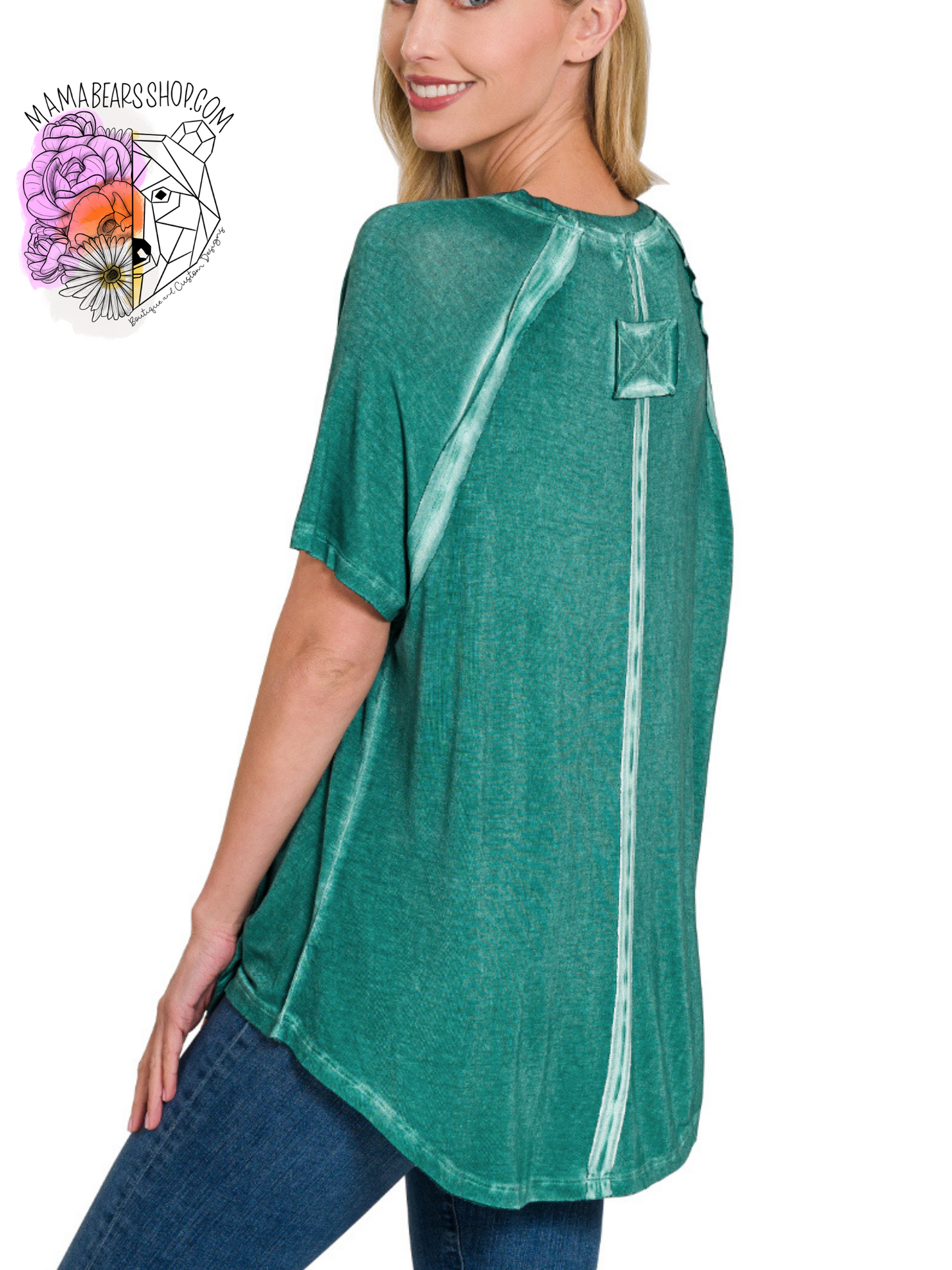Washed short sleeve boat-neck top w hi-low hem