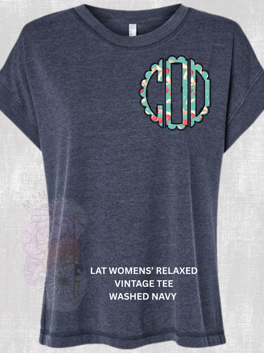 Scalloped Monogram Cherry LAT RELAXED WOMENS TEE